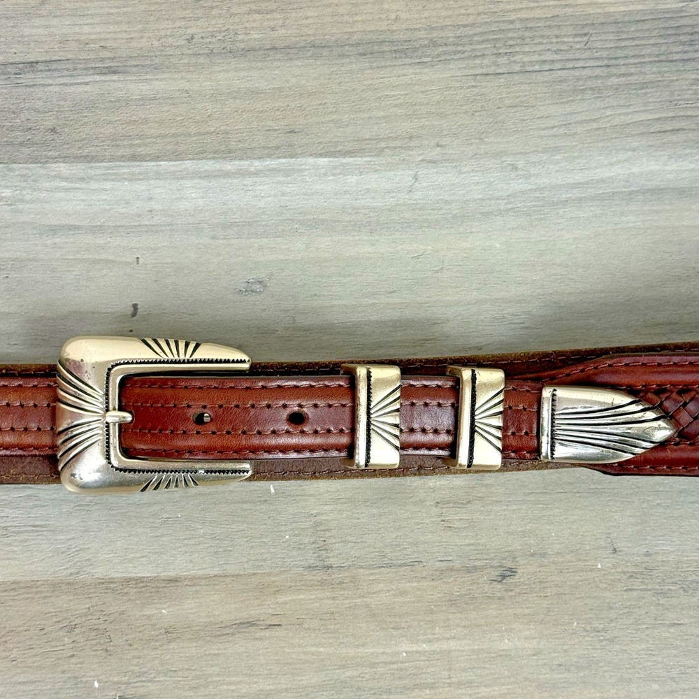 Vintage Tony Lama Brown Braided Leather Ranger Belt 7317L Silver Tip Sz 38 READ